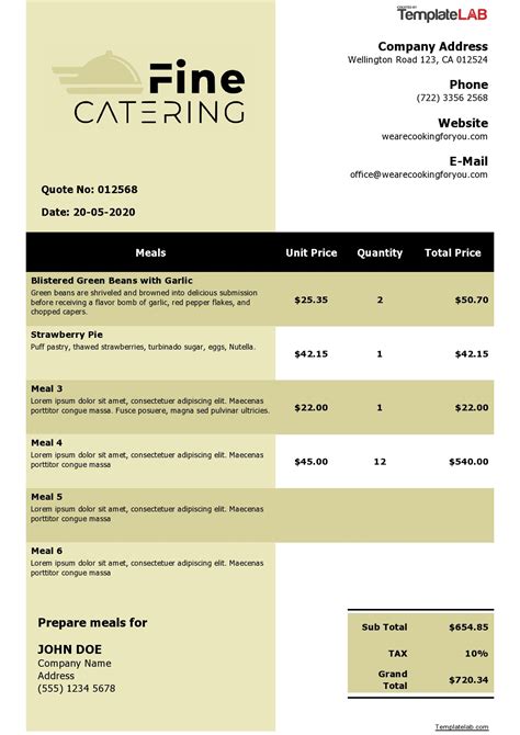 Catering Quote Template Word